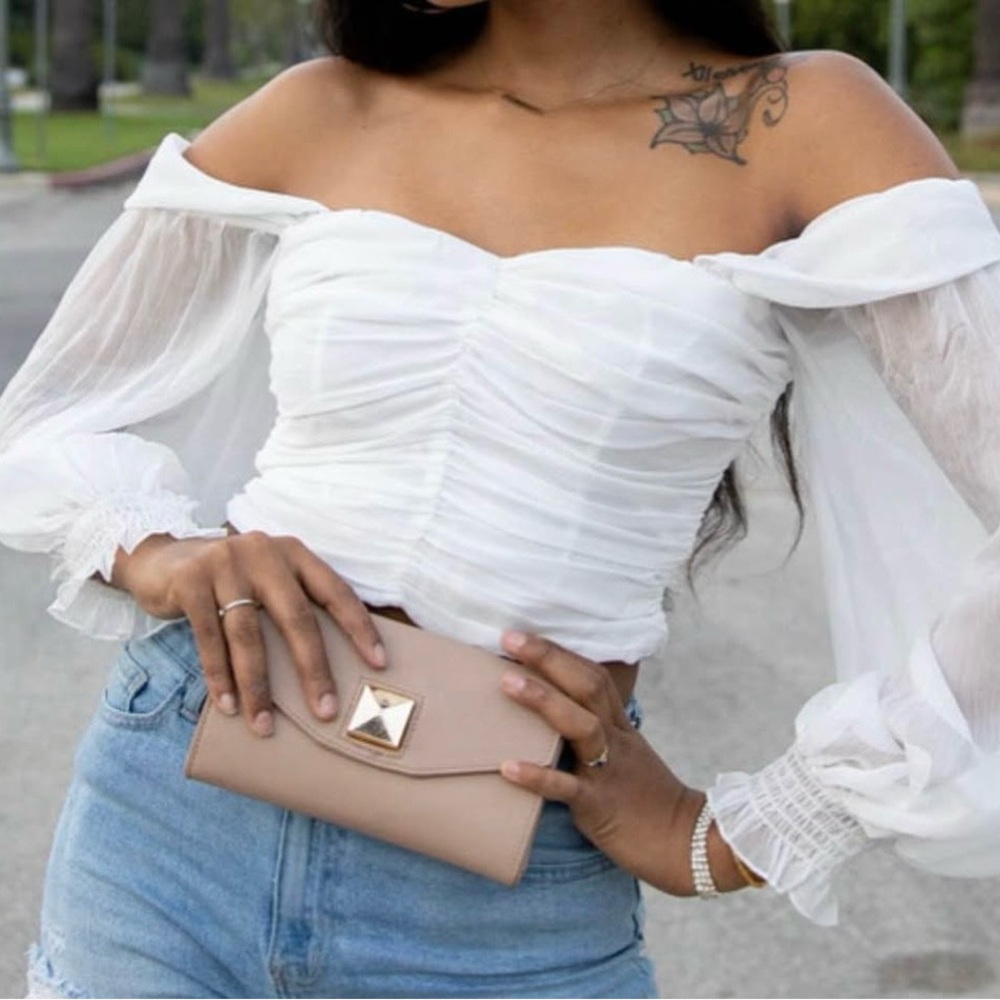 Off-Shoulder White Ruched Peasant Top